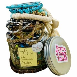 Boho Southwest Jewelry Jar with Blue and Gold Accents All Wearable